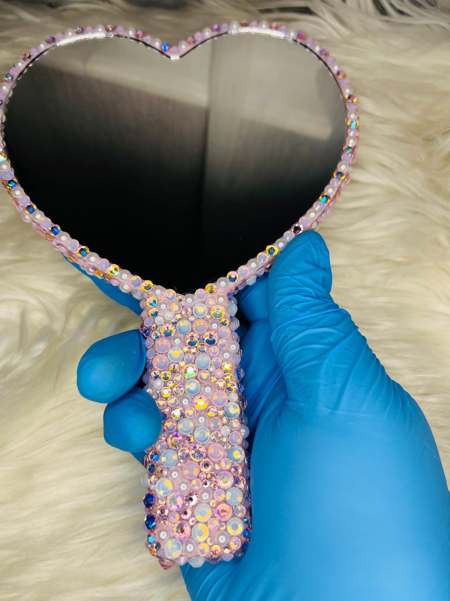 Baby Pink Rhinestone & Pearl Handheld Mirror