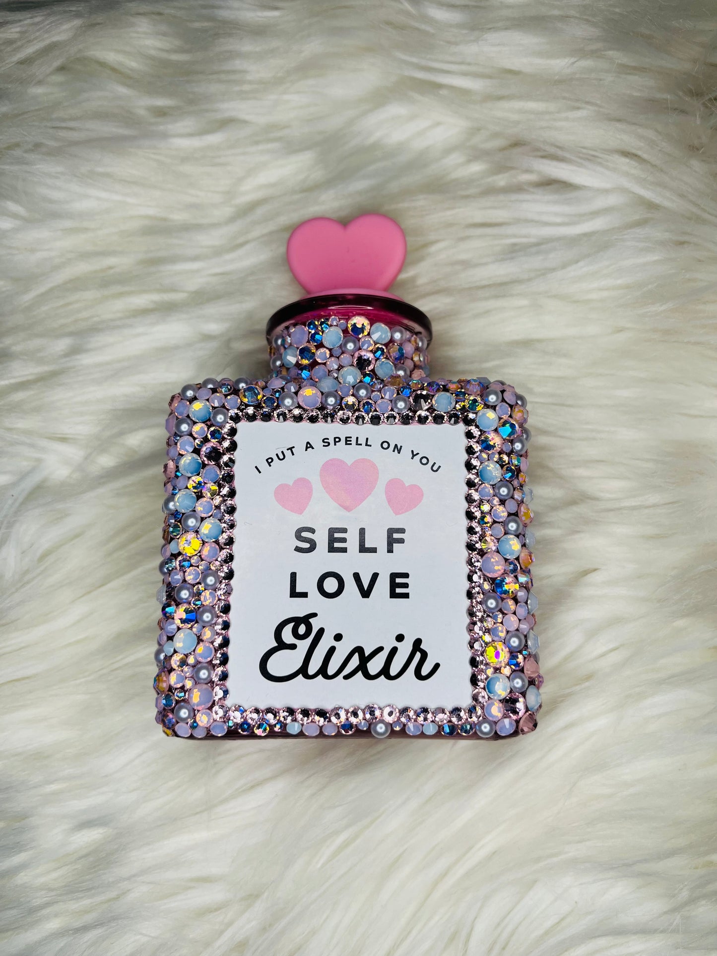 Baby Pink & White Pearls Bling “Self Love Elixir” Bottle (Empty)