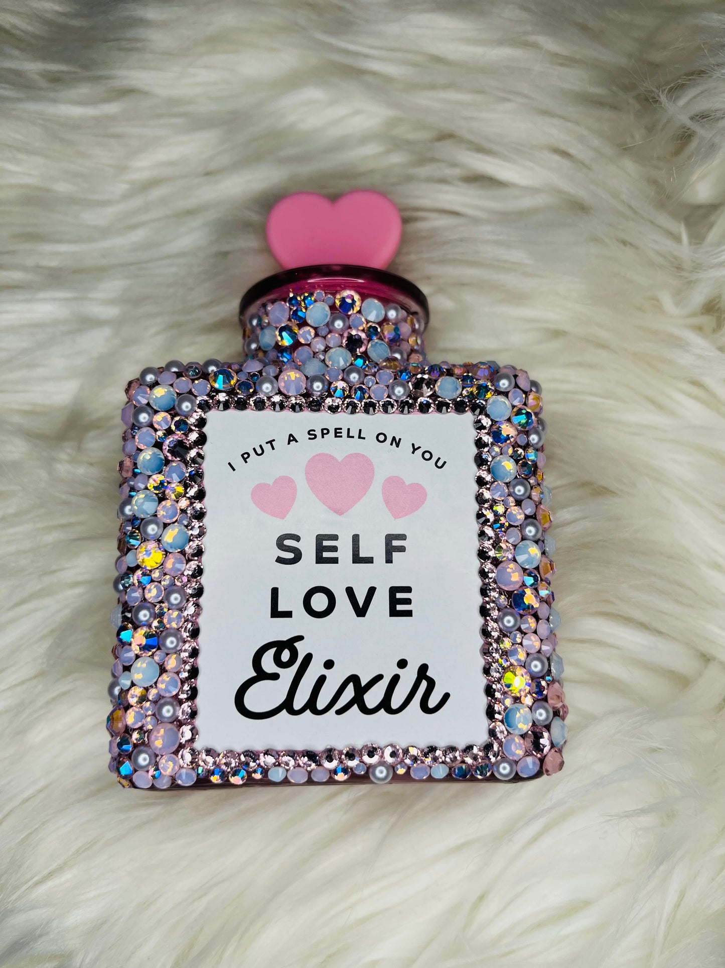 Baby Pink & White Pearls Bling “Self Love Elixir” Bottle (Empty)